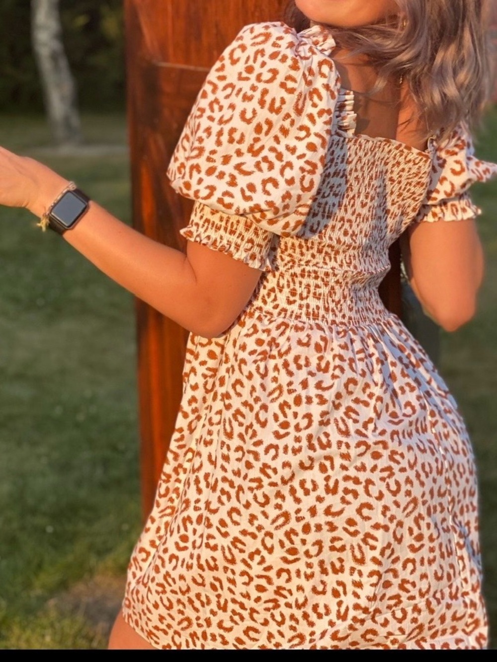 1. State Cream and Brown Leopard Print Puff Sleeve Mini Dress